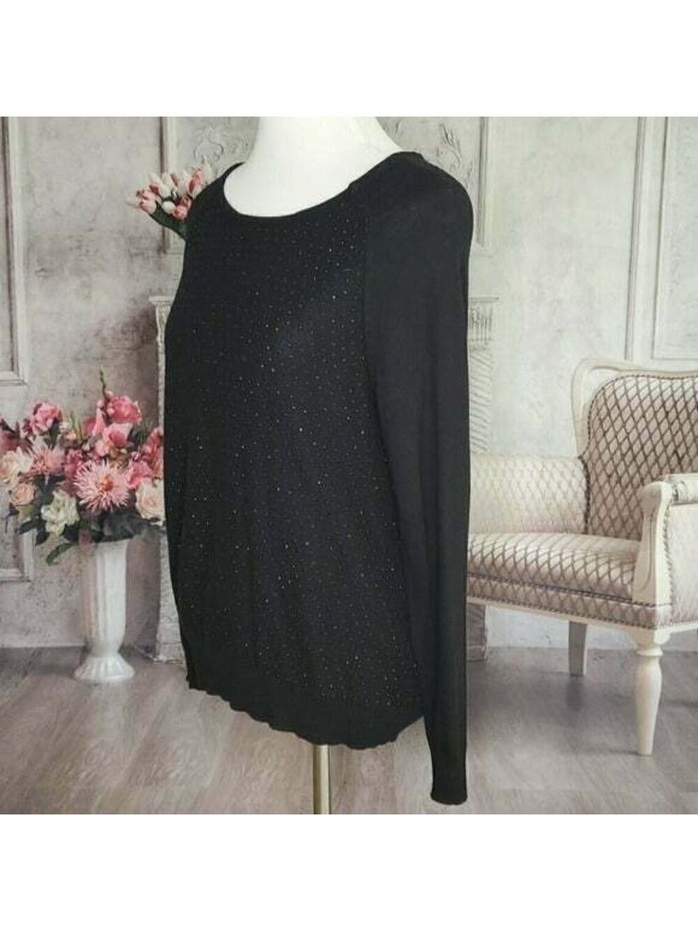 worthington Black Sparkle Pullover Scoop Neck Long Sleeves Knit Sweater Size L - Picture 5 of 9
